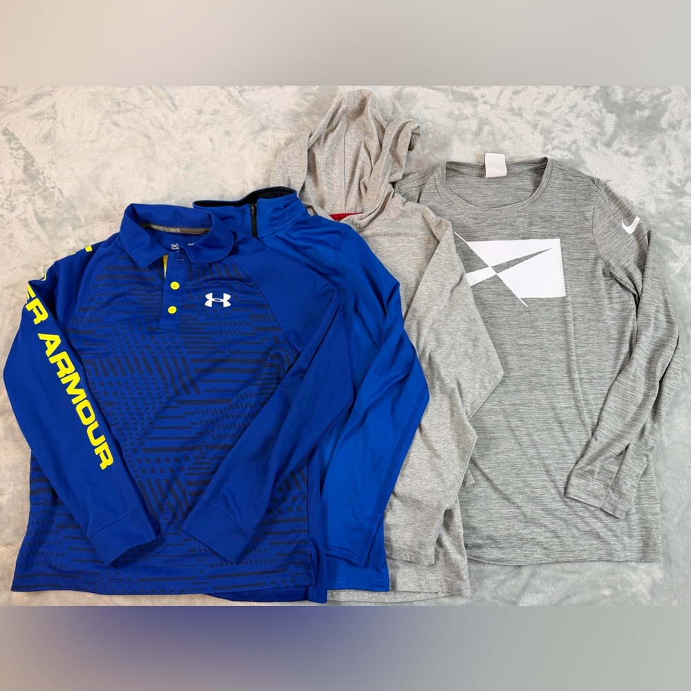 Lot of 4 Boys Large Active Shirts Nike Dri-FIT Gray Chaps Under Armour